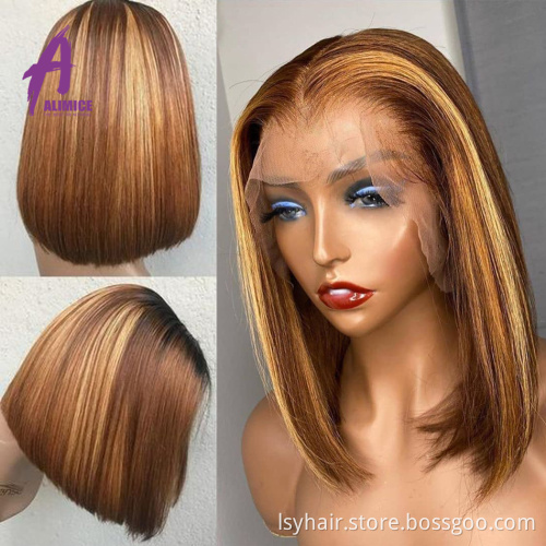 13x4 Highlight Bob Wig With Bangs Honey 150% Blonde Brazilian Straight Lace Front Human Hair Wig